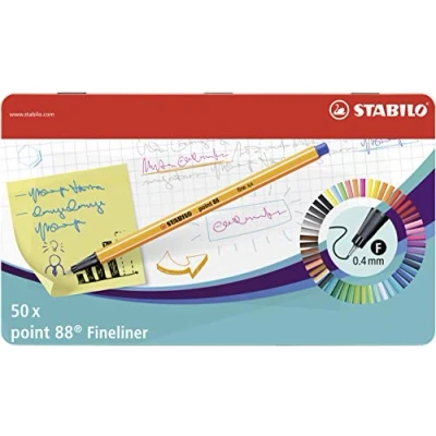 Obrázek STABILO Fineliner point 88 50er kovové pouzdro se 47 různými barvami 2x modrá, červená, černá