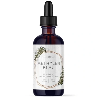 Obrázek methylenová modř 100 ml kapky Nordic Pure ve vysokých dávkách roztok s 99,9 % čistotou vysoká dávka metylenu modrá 1 laboratorně testováno a vyrobeno v Německu