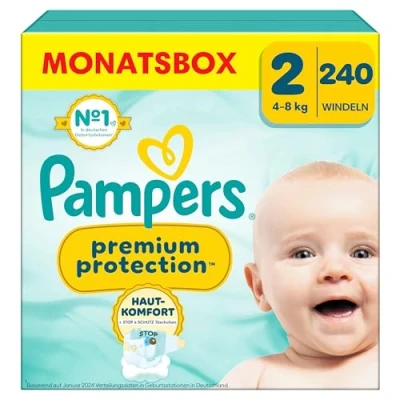 Obrázek Pampers Dětské plenky velikost 2, prémiová ochrana, x240, 4 kg 8 kg, dvojitá ochrana pro pohodlí pokožky a proti vytékání