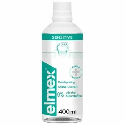 Obrázek Elmex Originální ústní voda Sensitive 3 x ochrana proti zubnímu kazu fluorid z aminů bez barviv zmírnění citlivosti zubů kompletní péče o dutinu za 30 sekund
