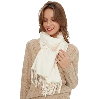 Obrázek MaaMgic Šála dámská teplá podzim zima jednobarevná bavlna se střapci / třásněmi, 40+ barev &amp; kostkovaná pašmína xl šály šátky Scarf zimní šála víceúčelová, Krémově bílá není čistě