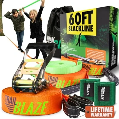 Obrázek Kompletní sada pro začátečníky Slackline tréninkový pás ochrana stromů přepravní taška nejnovější technologie s ráčnou a ergonomickou rukojetí perfektní venkovní aktivity