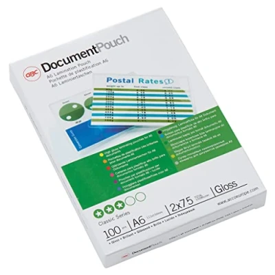 Obrázek GBC laminovací fólie A6 75 mic, robustní kapsy v balení po 100 kusech, formát pohlednice, lesklé, průhledné, ideální do kanceláře a školy, 3743152