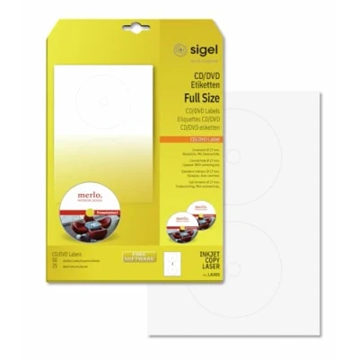 Obrázek SIGEL LA505 samolepicí štítky na CD/DVD s možností potisku, bílé, neprůhledné, 50 etiket = 25 listů, centrováním, vnitřní otvor FullSize 17 mm