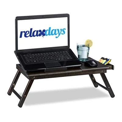 Obrázek Relaxdays Bambusový stolek na notebook, V x H: 24 60 35 cm, výškově nastavitelný stojan laptop postel a pohovku, se zásuvkou, hnědý, tmavě hnědý