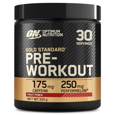 Obrázek Optimum Nutrition Gold Standard Pre Workout Powder, doplněk stravy s monohydrátem kreatinu, beta alanin, kofein a komplex vitaminu B, chuť ovocné punčinky, 30 porcí, 330 g