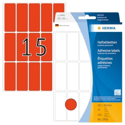 Obrázek HERMA 2416 víceúčelové etikety, 360 kusů, 20 x 50 mm, 15 na arch, samolepicí, štítky pro domácnost k popisování, matné, prázdné papírové lepicí etikety nálepky, svítící červené