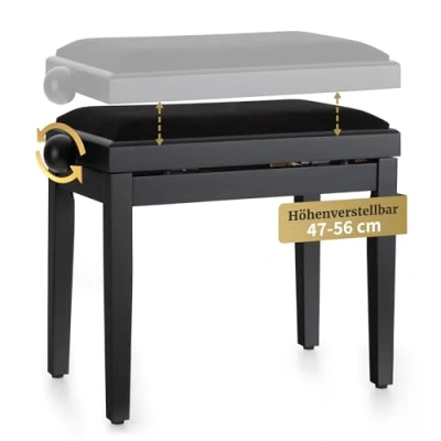 Obrázek Lavička k pianu Classic Cantabile (velmi stabilní, vřetenová mechanika, nastavitelná výška 4756 cm, sedací plocha 55 x 32 velurový potah), černá mat