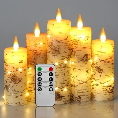 Obrázek LED svíčky, březová kůra, s vloženým světelným řetězem, sada svíček, 5 kusů, barvy slonoviny, pravý vosk, válcové svíčky tančícím plamenem, dálkové ovládání 10 tlačítek (bez baterie)