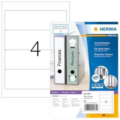 Obrázek HERMA 4284 etikety na hřbety pořadačů krátké široké, 100 listů, 192 x 61 mm, 4 arch A4, 400 kusů, samolepicí, potisknutelné, neprůhledné, prázdné papírové pořadače štítky zadní stranu