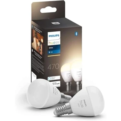 Obrázek Philips Hue White E14 Luster dvojité balení 2 x 470 lm, stmívatelné, teplé bílé světlo, regulovatelné pomocí aplikace, kompatibilní s Amazon Alexa (Echo, Echo Dot)