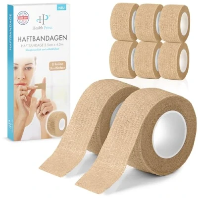 Obrázek náplast na prsty samolepicí 8x role (2,5 cm x 4,5 m) obvaz elastická páska voděodolná odolná proti prachu, mastnotě a nečistotám (barvy pleti, 8 rolí)
