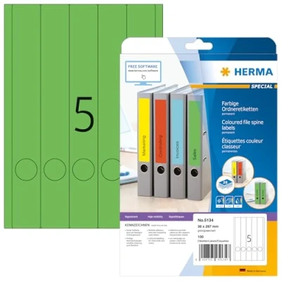 Obrázek HERMA 5134 etikety na hřbety pořadačů dlouhé úzké, 20 listů, 38 x 297 mm, 5 arch A4, 100 kusů, samolepicí, potisknutelné, neprůhledné, prázdné papírové štítky pořadače zadní stranu