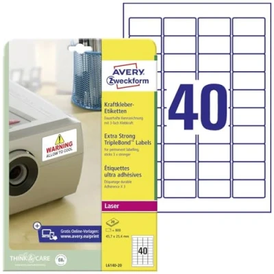 Obrázek AVERY Zweckform L6140 20 etikety na silové lepidlo (800 nálepek, 45,7 x 25,4 mm A4, extrémně silně samolepicí, permanentně přilnavá, potištěná lepicí fólie pro kritické podmínky) listů, bílá