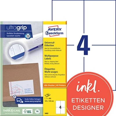 Obrázek AVERY Zweckform 3483 univerzální etikety (400 lepicích štítků, 105 x 148 mm na A4, papír matný, potisknutelné přepravní štítky, samolepicí zásilkové nálepky s ultragripem) 100 listů, bílé