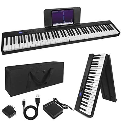 Obrázek Kmise skládací piano, Electric Keyboard 88 kláves, vyvážená digitální klávesnice, klavír Bluetooth, klávesnice s pedálem MIDI Sustain, držák na notový list, taška