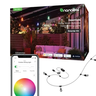 Obrázek Nanoleaf Essentials matný, LED světelný řetěz venkovní 30 m startovací sada (RGBICW) chytrý a vícebarevný s 16 miliony barev, vodotěsnost IP65, 40 stmívatelných žárovek, WLAN, Bluetooth