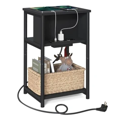 Obrázek VASAGLE Odkládací stolek, noční stolek se zásuvkou, úzký, 2 AC přípojky, USB 30 x 34 58 cm, do obývacího pokoje, ložnice, černý LET375B02