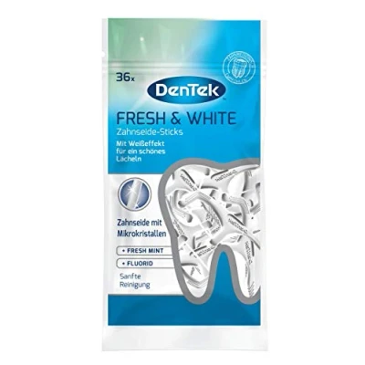 Obrázek DenTek Fresh &amp; White zubní nit tyčinky s mikrokrystaly pro bělejší mezizubní prostory příchutí máty párátka škrabka na jazyk,{ 1 x 36 ks} , kusů (balení ks)