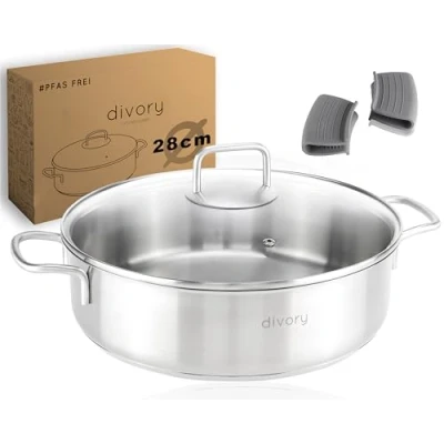 Obrázek DIVORY pánev na dušení z ušlechtilé oceli 28 cm PURA indukční, servírovací s poklicí 4,6 l hrnec bez povrchové úpravy vhodný do trouby, vysokým okrajem, vhodná myčky