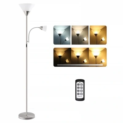 Obrázek tomons LED stojací lampa obývací pokoj, stmívatelná s lampičkou na čtení a dálkovým ovládáním, 3 barvy, jas plynulý, dotykové ovládání, stropní svítilna se dvěma hlavami