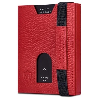 Obrázek VON HEESEN Slim Wallet s RFID ochranou pouzdro NA karty pro muže a dámy Mini peněženka kožená malá peněženka, Červená (Saffiano), Bez KAPSY MINCE,