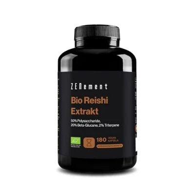 Obrázek Bio Reishi houbový extrakt, 50 % polysacharidů, 20 betaglukanů a 2 triterpenů 12000 mg vysoce dávkovaná denní dávka Premium: Ganoderma Lucidum Vitalpilz laboratorně testováno, 180 veganských