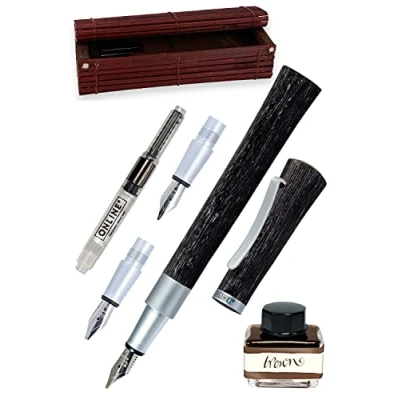 Obrázek ONLINE Kaligrafické plnicí pero Newood, pro krásné psaní, přírodní Wawa dřevo v černé barvě, 3 tloušťky čáry 0,8, 1,4 a 1,8 mm, obsahuje jednu inkoustovou sklenici s hnědým inkoustem (15