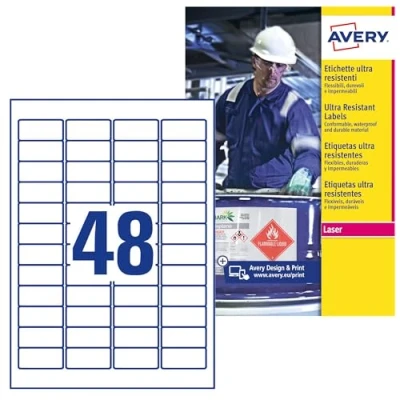 Obrázek AVERY Zweckform L7911 10 odolné fóliové etikety (480 nálepek, 45,7 x 21,2 mm na A4, extrémně silné samolepicí, pro obtížné povrchy, potiskovatelná venkovní lepicí fólie) listů, bílá