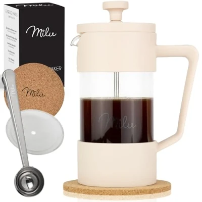 Obrázek Milu Kávovar French Press 350 ml, 600 1 l skleněný lis na kávu, pro přípravu kávy doma, cestování, kempování vč. tácku, lžíce, náhradní filtr (béžová, ml (3 šálky)