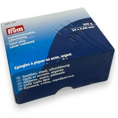 Obrázek Prym 024164 1 špendlíky, 0,60 x 34 mm, stříbrné, 500 g, lepenková dóza, ocel, 0,6 mm