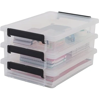Obrázek Iris Ohyama Plastový úložný box na dokumenty A4, 4 l, sada 3 ks, transparentní, zacvakávací uzávěr, papír a organizér dokumenty, stohovatelný, do kanceláře, pro kutilství, hračky hry, školní