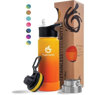Obrázek hydro2go ® Láhev na pití z ušlechtilé oceli 530 ml / 0,5 litru pro děti, do školy, sport, fitness a outdoorové aktivity Termoska bez BPA + 3 uzávěry 100% odolná