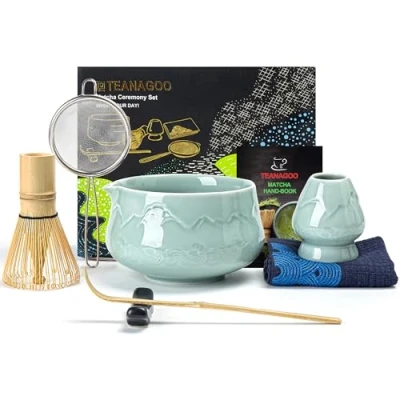 Obrázek TEANAGOO Japanischer Matcha Schneebesen (7 Stück) Set Mtacha Kit Schüssel mit Ausgießer Bambus (chasen) Schaufel Schneebesenhalter.N36, Seladon Blau