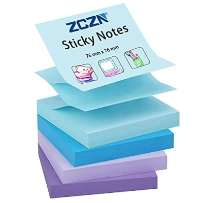 Obrázek ZCZN Z Notes Haftnotizen Sticky Selbstklebende Haftnotizzettel Klebezettel 4 Blöcke x 100 Blatt, 76 mm in Farben (Hellblau, Blau, Hellviolett, Violett)