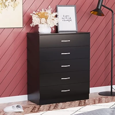 Obrázek Home Discount Černá komoda, 5 zásuvek kovové úchyty běhoun Anti Spam Bowing Podpora nábytek