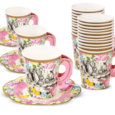 Obrázek Talking Tables Lot de 12 Gobelets en Papier et Soucoupes Thème Alice au Pays des Merveilles, Décoration, Fête d&#039;Anniversaire, Baby Shower, Mariage, Multicolor