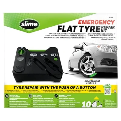 Obrázek Slime 50129 Oprava pneumatik u desek pneumatik, nouzové vybavení, obsahuje tmel a kompresor na pneumatiky, vhodné pro automobily jiná vozidla dálnici, 10 minut opravy