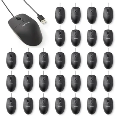 Obrázek Amazon Basics USB myš s třemi ovládacími prvky, kabelová, (černá), balení 30 ks