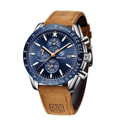 Obrázek BENYAR hodinky pánské analogové quartzové chronograf 30 m vodotěsné svítící datum náramkové ležérní business designové klasické elegantní dárek designér, Hnědá / modrá.,