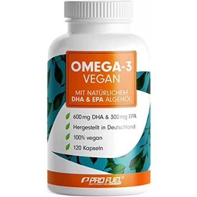 Obrázek omega 3 veganské kapsle 120x 2000 mg oleje z řas denně vysoká dávka 600 DHA + 300 EPA vysoce kvalitní DHA: poměr 2: 1 laboratorně testováno s