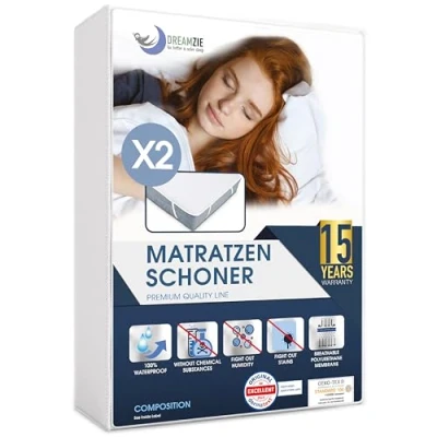 Obrázek Chránič matrace 90 x 200 cm vodotěsný (sada 2 ks) Öko Tex certifikováno Dreamzie ochrana proti vlhkosti 90x200 prodyšný
