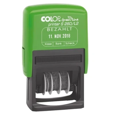 Obrázek COLOP Printer S260 L2 Green Line razítko, zaplacený text, otisk modrý červený, datum německy