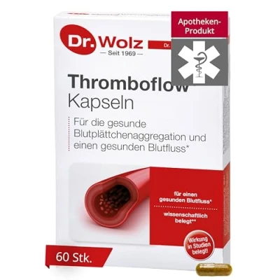 Obrázek Thromboflow od Dr. Wolze pro zdravý průtok krve, kapsle s průtokem krve extraktem z hroznových jader, ideální při cestování letadlem, 20 kapslí