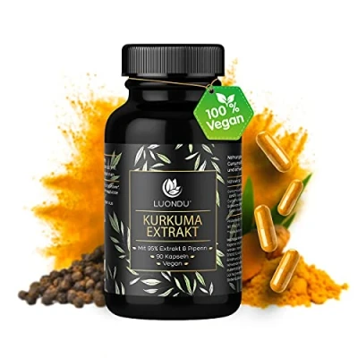 Obrázek kapsle z kurkumy 90 extraktů kurkuma extra vysoké dávky a veganský bio prášek, piperin černý pepř I obsah kurkumin odpovídá 10. 000 mg 95% extrakt
