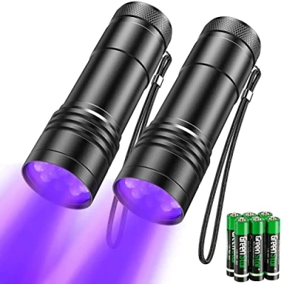 Obrázek UV kapesní svítilna 2 kusy Mini černého světla, s 12 LED, ultrafialové světlo 395 nm pro geocaching, detektory moči domácích zvířat, detektor atd. Včetně 6 baterií AAA