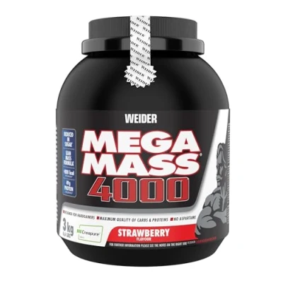 Obrázek WEIDER Mega Mass 4000 Weight Gainer Shake pro zvýšení, jahody, s proteiny, kreapure kreatin monohydrát, komplexní sacharidy, vitamíny a minerály růst svalů koktejl 3 kg