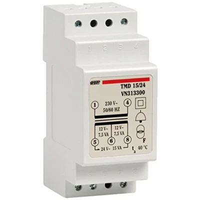 Obrázek VEMER VN313300 TMD 15/24 Vyzváněcí trafo pro lišty, transformátor s primárním napětím 230 V, sekundární napětí 12 24 V a výkon 15 VA, bílé