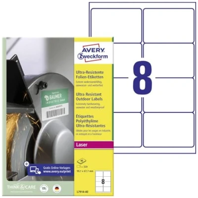 Obrázek AVERY Zweckform L7914 40 odolné fóliové etikety (320 nálepek, 99,1 x 67,7 mm na A4, extrémně silné samolepicí, pro obtížné povrchy, potiskovatelná venkovní lepicí fólie) listů, bílá