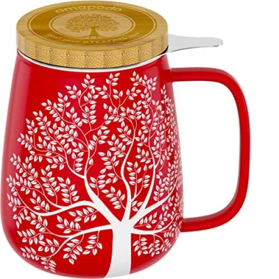 Obrázek amapodo Šálek na čaj s víkem a sítkem 600 ml velký porcelánový šálek XXL set červený bez plastů